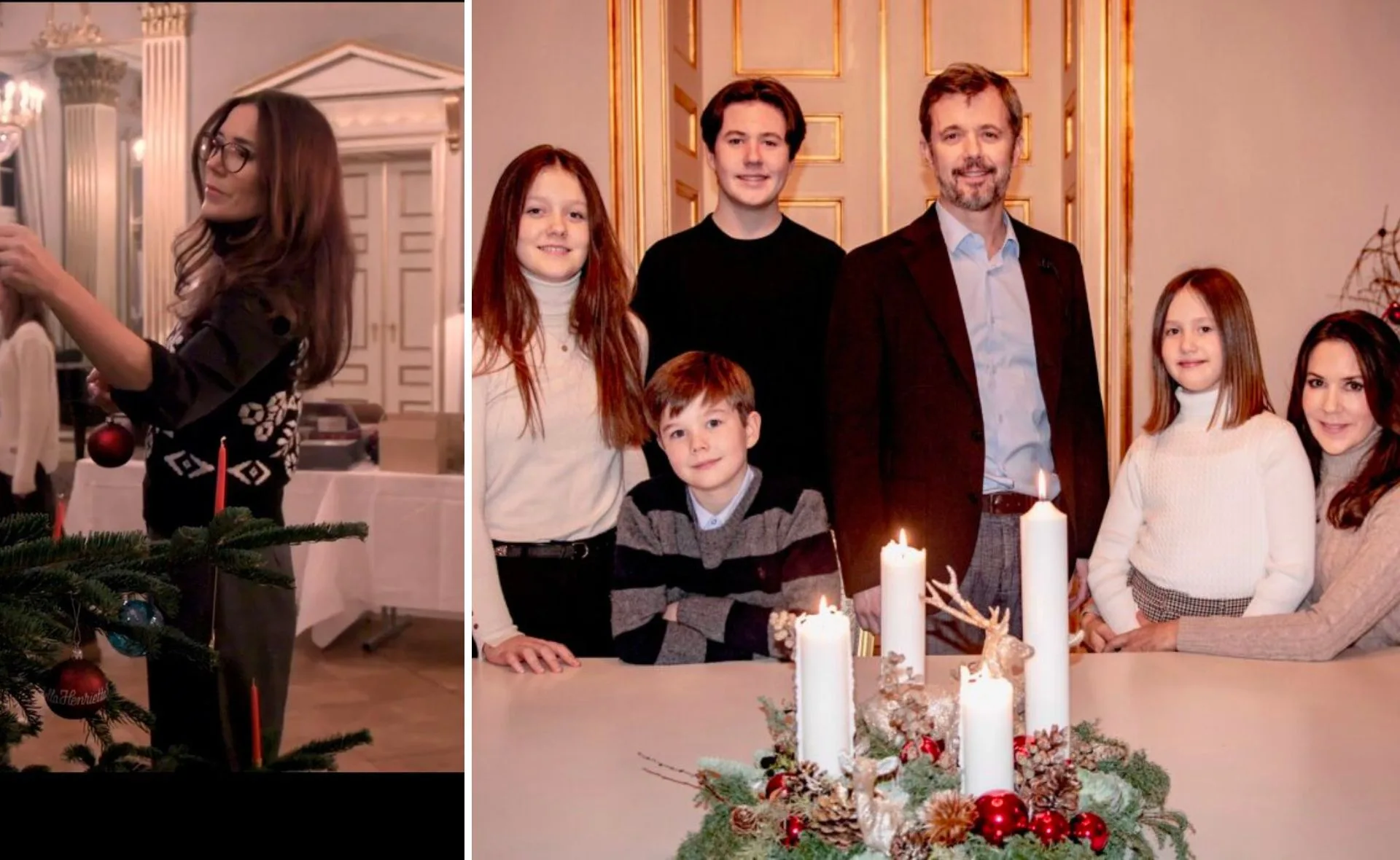 "Family Christmas scene with a woman decorating a tree and a family gathered around a lit candle centerpiece."