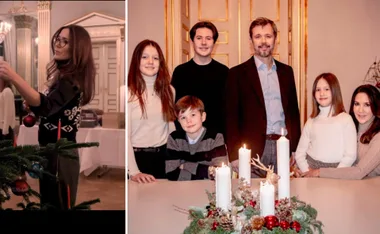 "Family Christmas scene with a woman decorating a tree and a family gathered around a lit candle centerpiece."