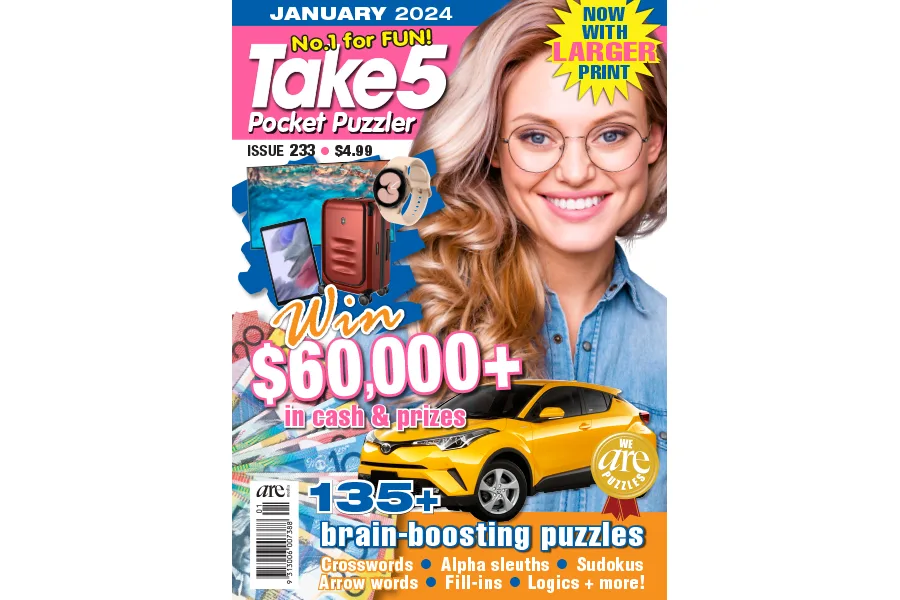 "Take5 Pocket Puzzler Issue 233 cover featuring smiling woman, prize details, and yellow car with puzzle text."