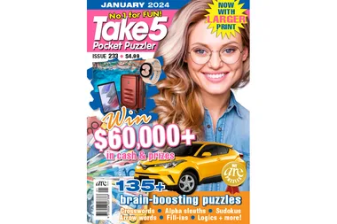"Take5 Pocket Puzzler Issue 233 cover featuring smiling woman, prize details, and yellow car with puzzle text."