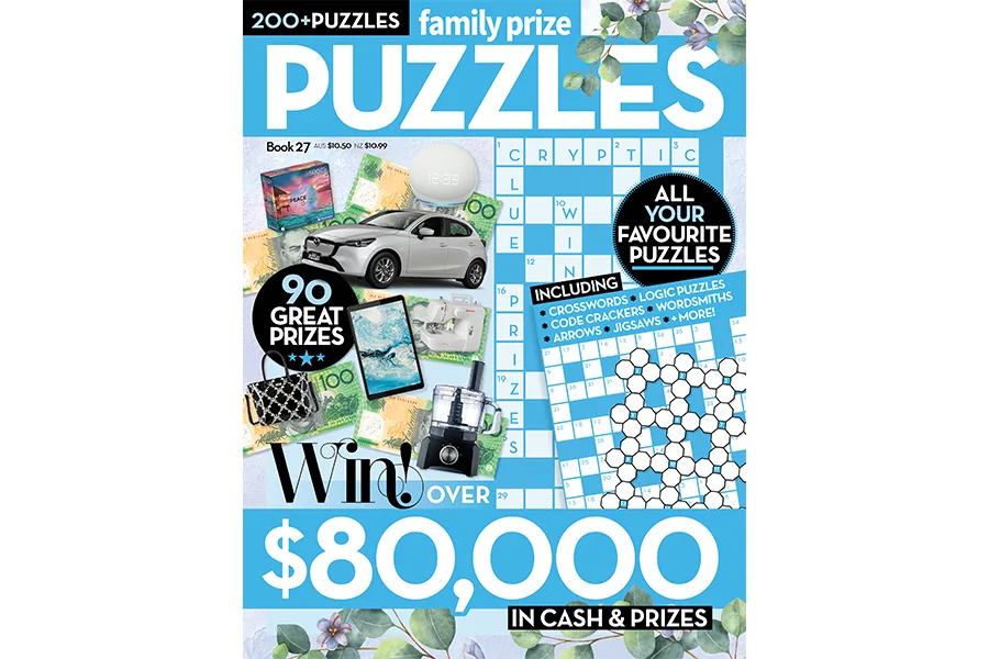 Family Prize Puzzles Book 27 cover featuring prizes, crossword, and cash giveaway details.