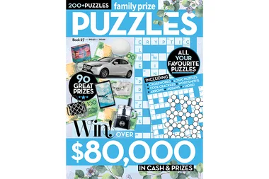 Family Prize Puzzles Book 27 cover featuring prizes, crossword, and cash giveaway details.