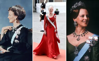 Queen Margrethe of Denmark in elegant attire and tiaras across three different occasions.