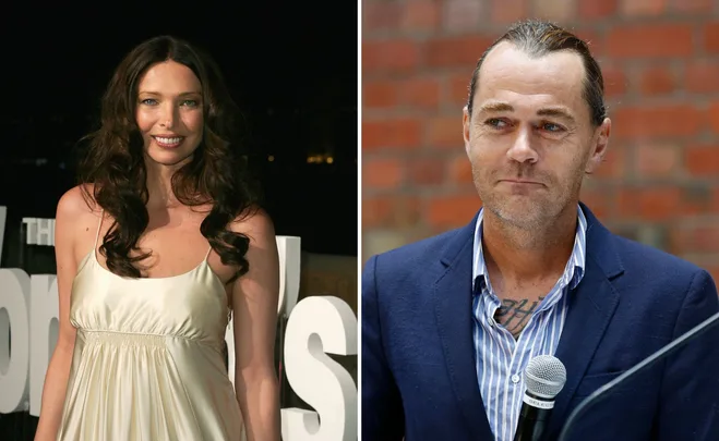 Two people: one wearing a white dress, smiling outdoors; the other in a blue blazer, holding a microphone indoors.