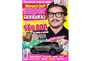 "Magazine cover featuring Pedro Pascal with puzzle games and cash prizes, January 2024 issue."