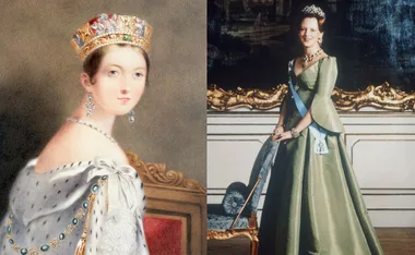 "Portraits of two women in royal attire and tiaras; one in painting, the other in photograph."