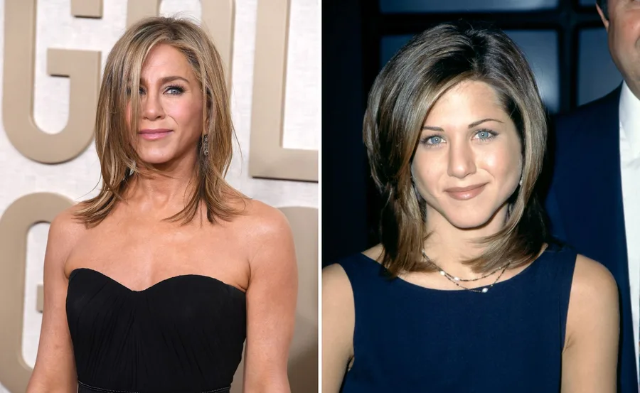 Jennifer Aniston in a strapless black dress, showcasing two hairstyles; long layered and iconic 90s look.