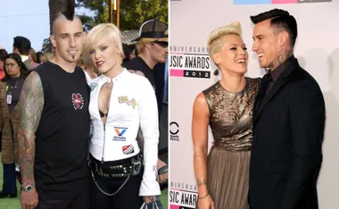 Couple at two events, first with edgy attire and hairstyles, second dressed elegantly at a music awards ceremony.