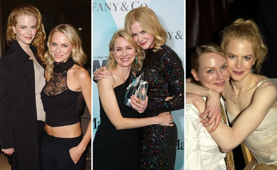 Nicole Kidman and Naomi Watts celebrating their friendship at various events, smiling and embracing each other.