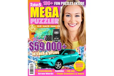 Take 5 Mega Puzzler Issue 96 cover featuring a woman, prizes, and $59,000 cash giveaway headline.