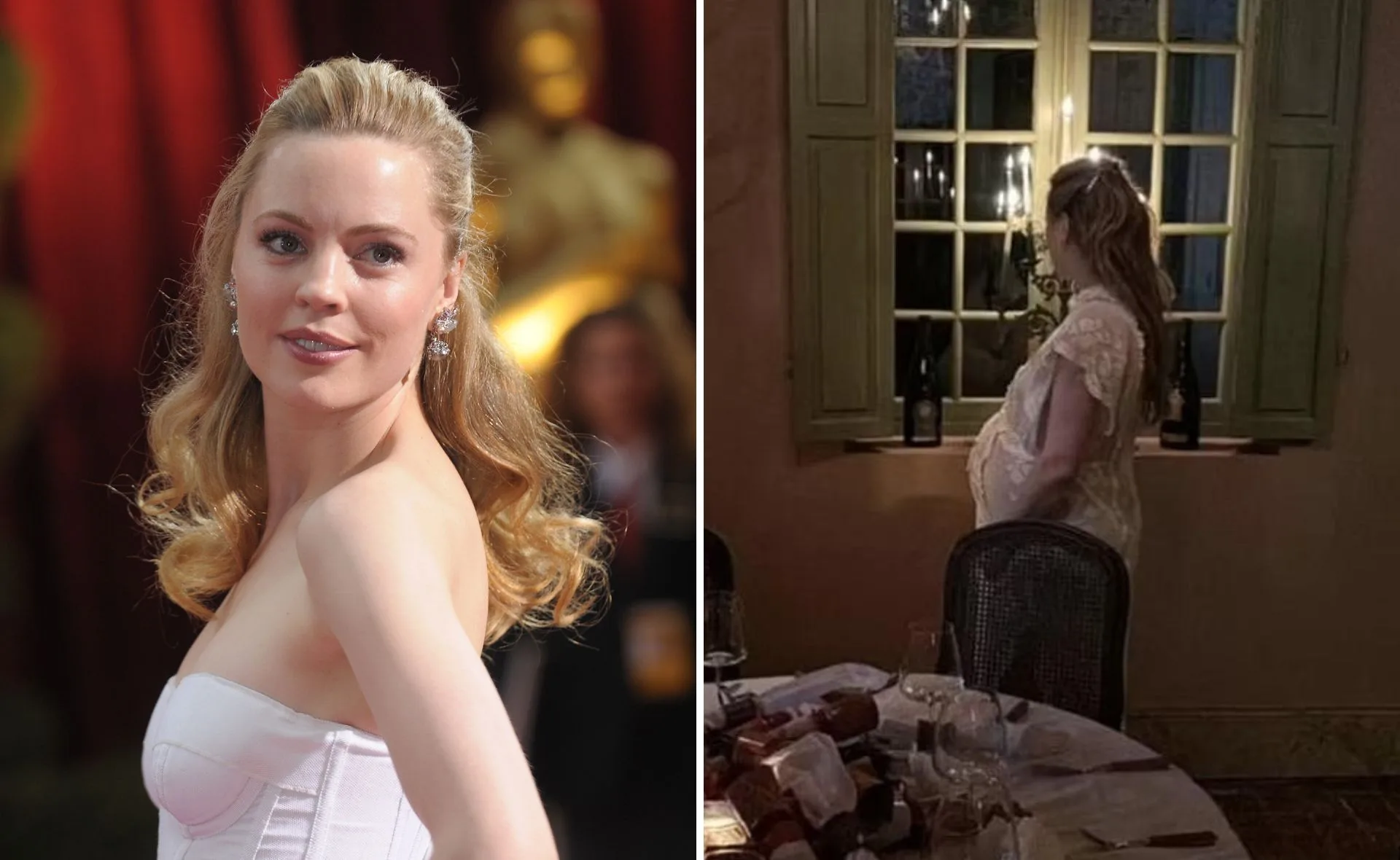 Alt text: "Woman in elegant attire at event; pregnant woman by window in dimly lit room."