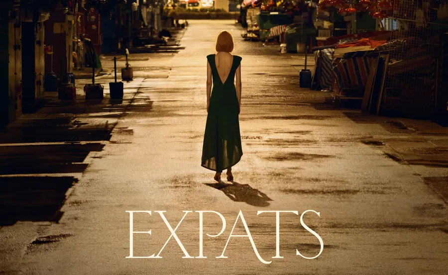 A woman in a backless dress walks down a dimly lit street; "Expats" text overlaid.