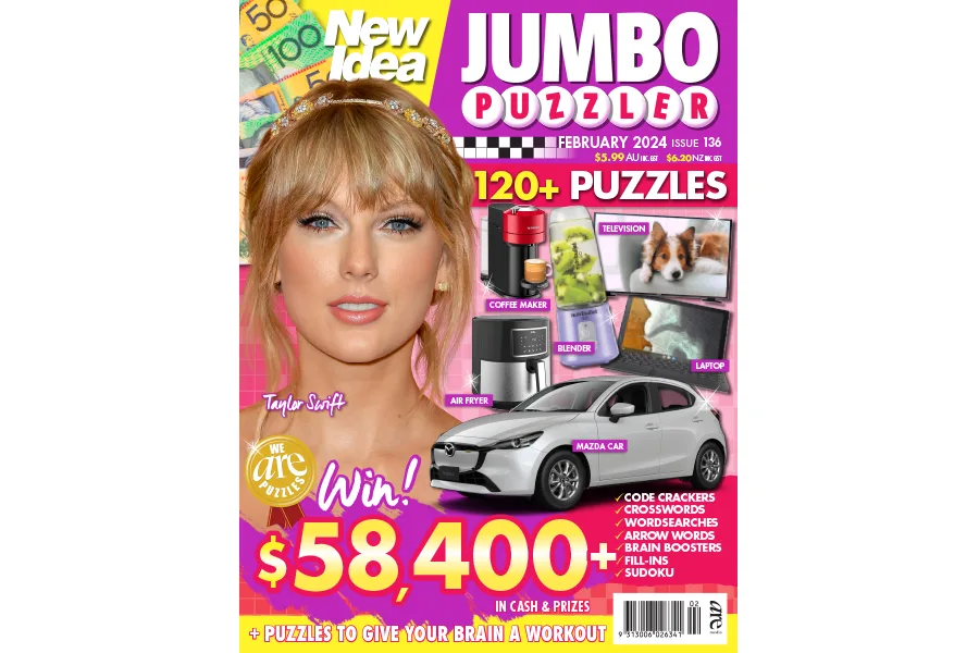 Cover of "New Idea Jumbo Puzzler" featuring a person, prizes, and text about puzzles and a $58,400 cash prize.