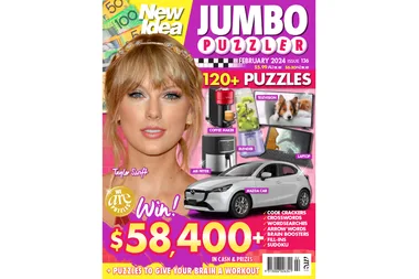 Cover of "New Idea Jumbo Puzzler" featuring a person, prizes, and text about puzzles and a $58,400 cash prize.