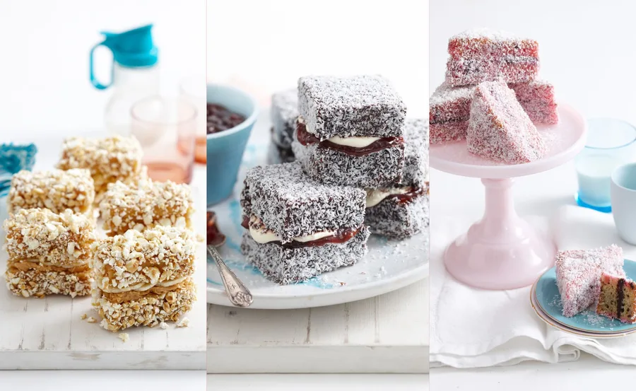Three varieties of lamingtons: nut-coated, classic chocolate with cream and jam, and pink coconut-topped, on separate plates.