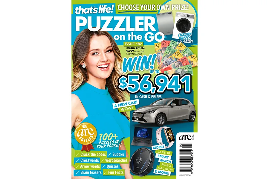 Cover of "that's life! Puzzler on the Go" Issue 182, featuring a woman smiling with prize images and cash amount.