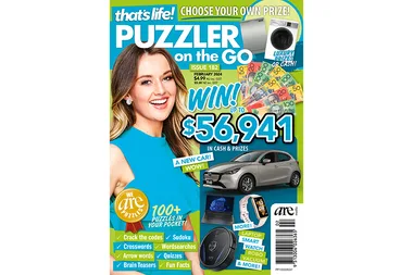 Cover of "that's life! Puzzler on the Go" Issue 182, featuring a woman smiling with prize images and cash amount.