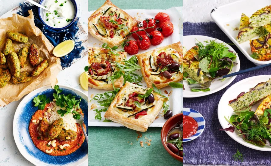 A variety of zucchini dishes including fritters, tarts with roasted tomatoes, and zucchini quiches served with greens.