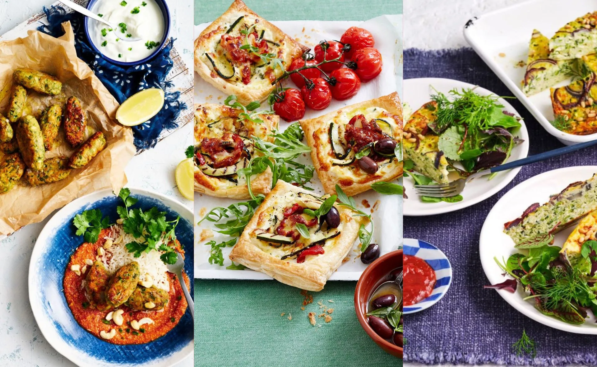 A variety of zucchini dishes including fritters, tarts with roasted tomatoes, and zucchini quiches served with greens.