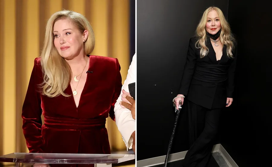 Two side-by-side images of a woman with long blonde hair wearing a red velvet dress and black outfit with a cane.
