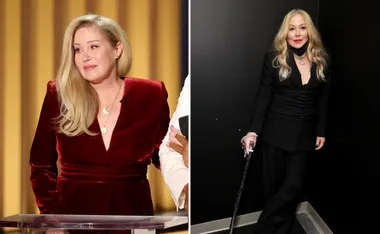 Two side-by-side images of a woman with long blonde hair wearing a red velvet dress and black outfit with a cane.