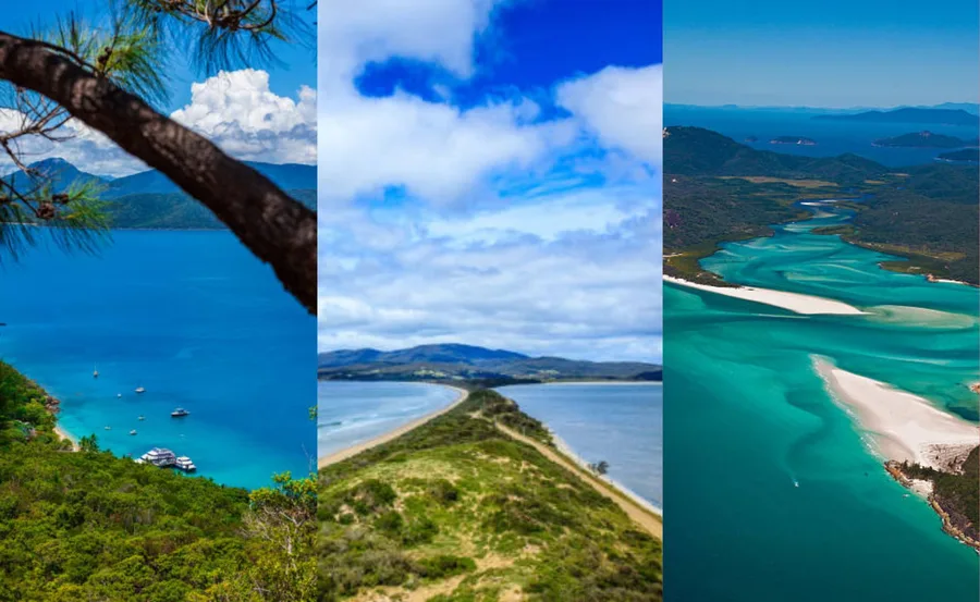 Scenic views of Whitsundays, Australia: lush greenery, turquoise waters, and stunning coastlines under a blue sky.