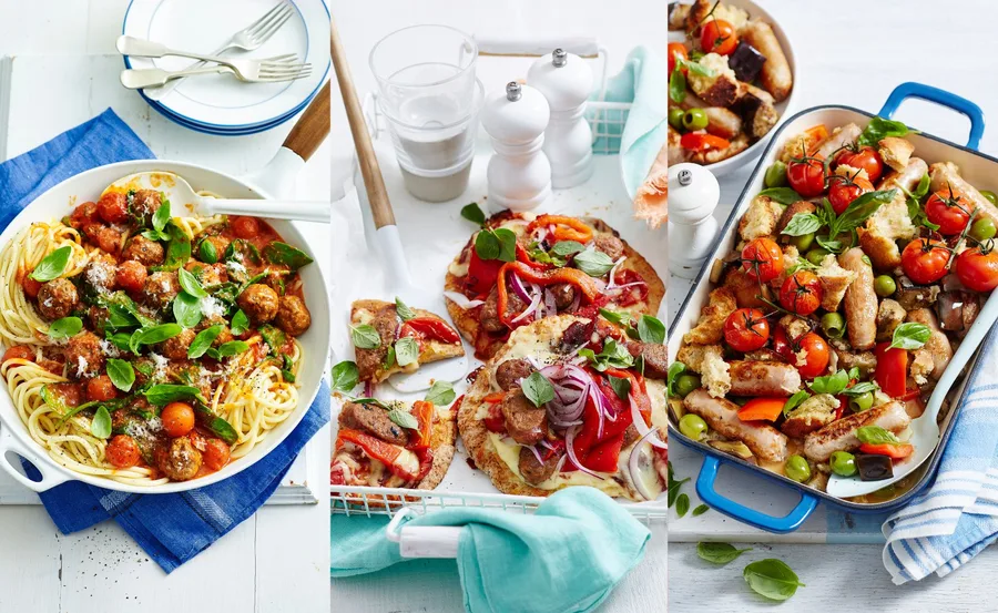 Three dishes: spaghetti with meatballs, mini pizzas with vegetables, and casserole with sausages and cherry tomatoes.
