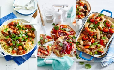Three dishes: spaghetti with meatballs, mini pizzas with vegetables, and casserole with sausages and cherry tomatoes.