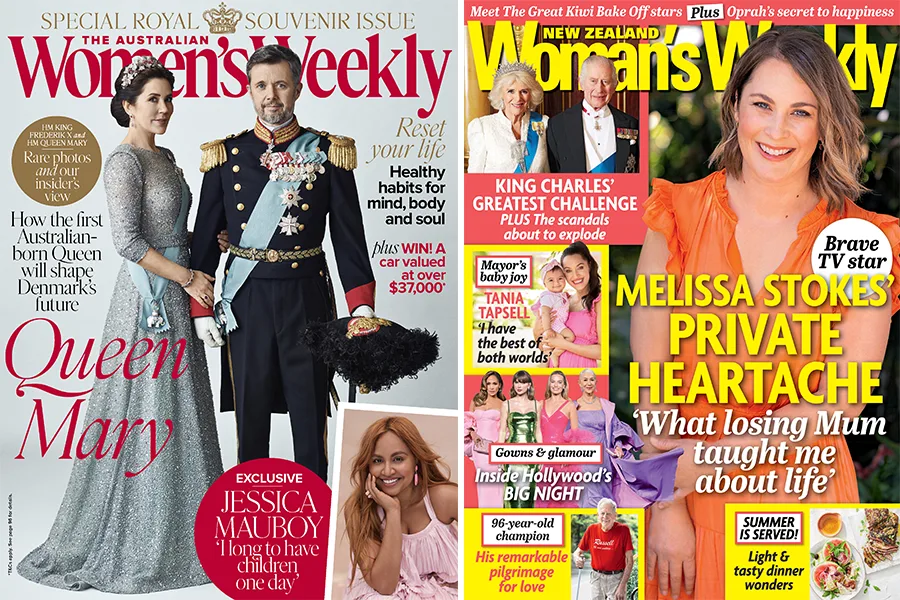 Australian and New Zealand Women's Weekly covers featuring Queen Mary and Melissa Stokes.