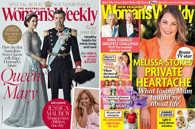 Australian and New Zealand Women's Weekly covers featuring Queen Mary and Melissa Stokes.