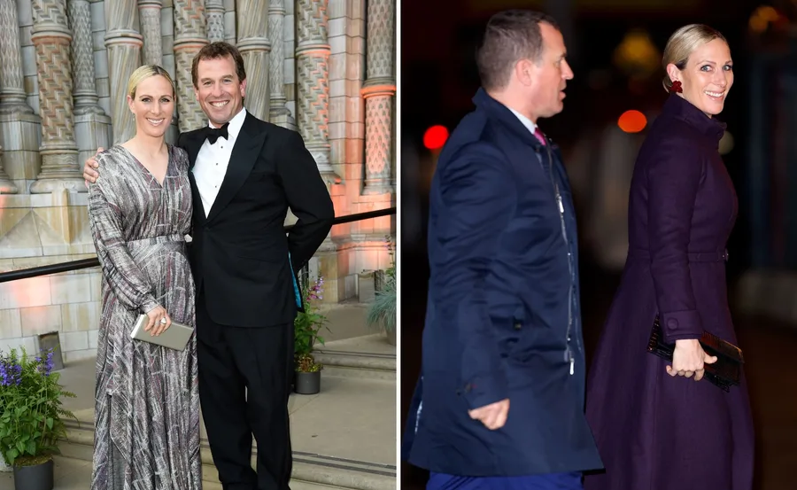 Couple at formal event; woman in patterned dress and coat, man in suit and tux, ornate background.