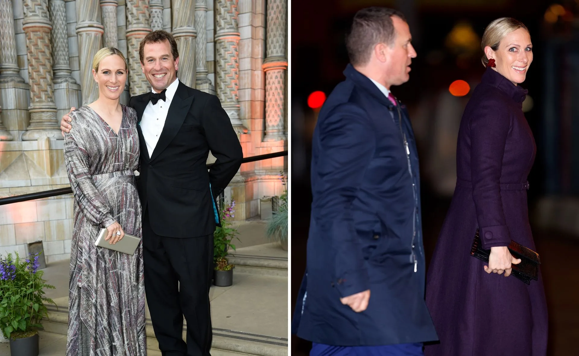 Couple at formal event; woman in patterned dress and coat, man in suit and tux, ornate background.