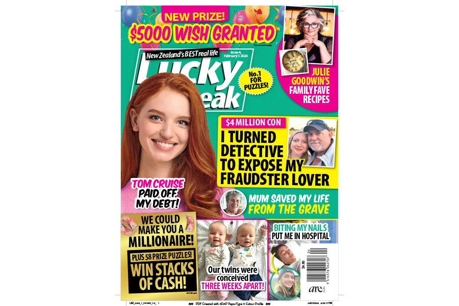 Magazine cover featuring multiple headlines, including a red-haired woman smiling and topics like debt, fraud, and recipes.