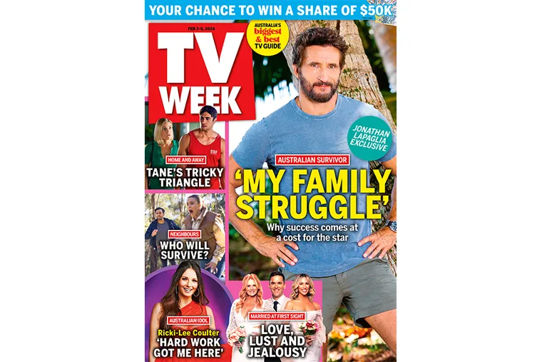 TV Week magazine cover featuring Jonathan LaPaglia, highlights on "My Family Struggle" and various TV shows.