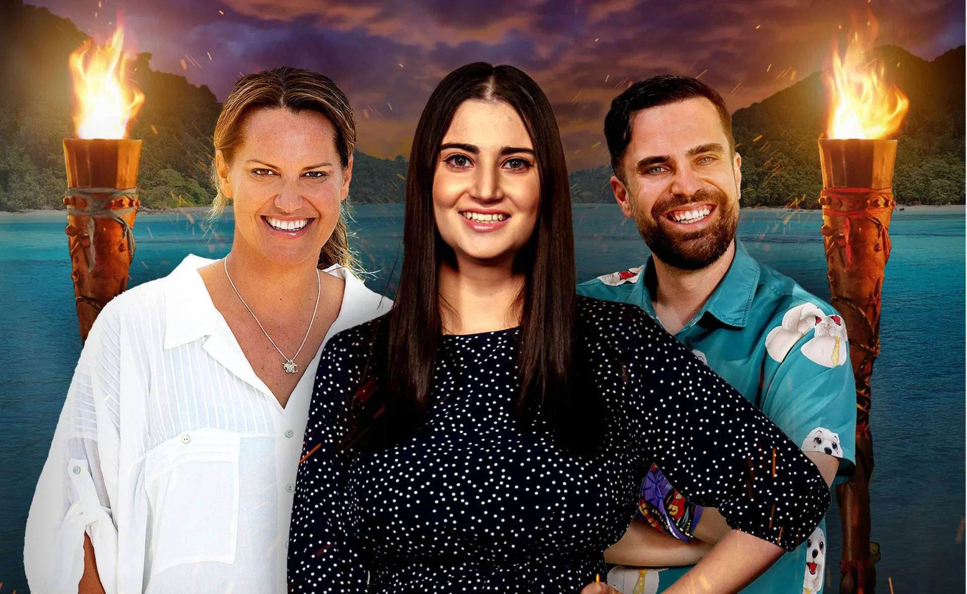 Three people smiling with tiki torches aflame in the background on a tropical island setting.