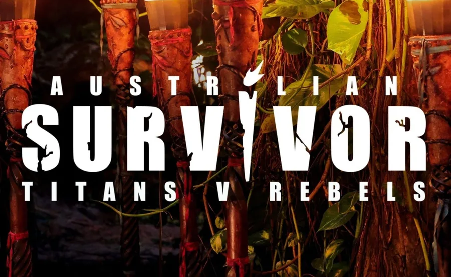 Poster for Australian Survivor: Titans vs Rebels, showing lit torches and jungle foliage in the background.