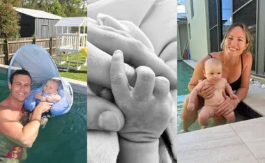 A father and baby in a pool, a close-up of a baby’s hand holding an adult's finger, and a mother with a baby by the pool.