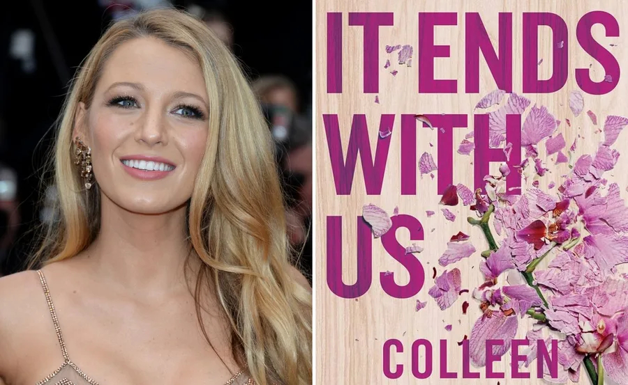 Actress smiling on red carpet; cover of "It Ends With Us" by Colleen Hoover featuring pink petals.