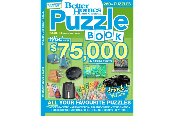 "Better Homes and Gardens Puzzle Book Issue 51 cover; prize of $75,000 in cash and items like tech, kitchenware, and a car."