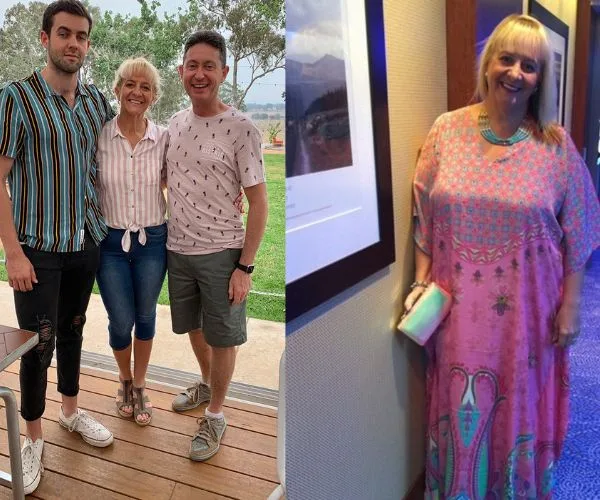Group photo of three people on the left; one woman posing alone in a pink dress on the right.