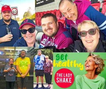 A collage of smiling individuals in various settings, some holding "The Man Shake," with a "Get Healthy" ad.