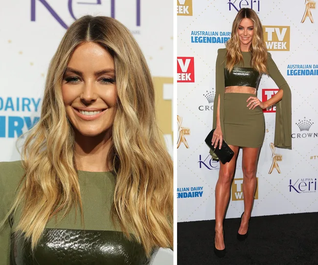 Blonde woman in olive green dress at TV Week event, smiling in close-up and full length.
