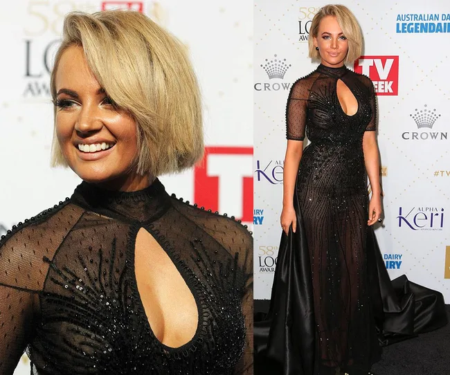 Blonde woman in a black beaded gown on a red carpet at an awards event, smiling with a stylish bob haircut.