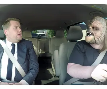 Happy Chewbacca mum drives James Corden to work