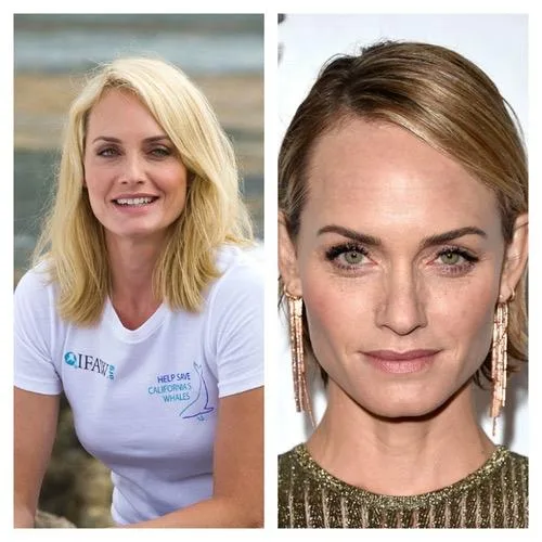 Two side-by-side portraits of a woman with blonde hair, smiling casually on the left and posing formally on the right.