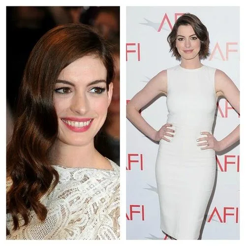 Two photos of a woman in white attire on red carpet backdrops, smiling with different hairstyles.