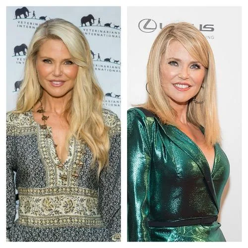 Two images of the same blonde woman, one with long hair in a patterned dress, the other with short hair in a green dress.