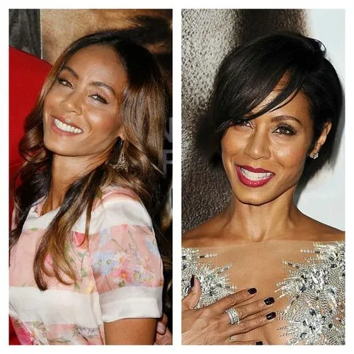 Two photos of a woman with different hairstyles and outfits, smiling. Left: long hair; Right: short hair, sparkly dress.