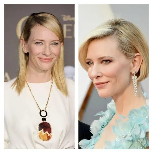 Two images of the same woman with short blonde hair wearing formal attire in different styles and colors side by side.