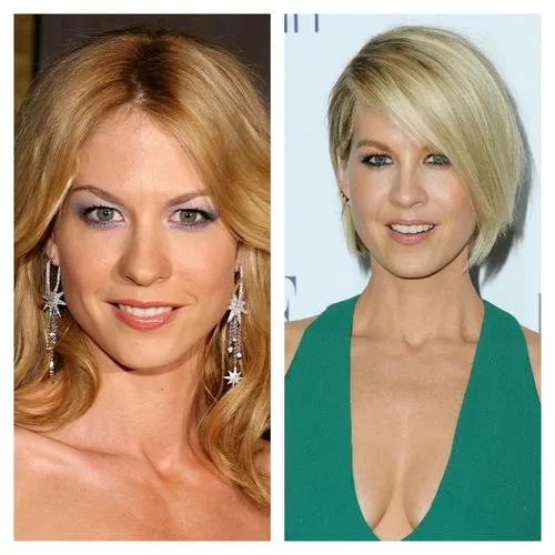 Two images of the same woman; left shows long hair, right shows short blonde bob, both with elegant makeup and earrings.